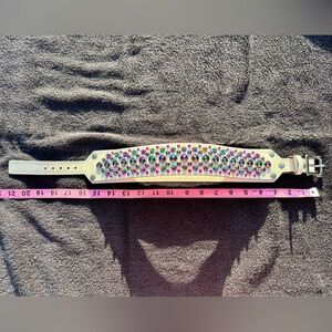 Stunning 17 inch white leather dog collar with multi colored crystals